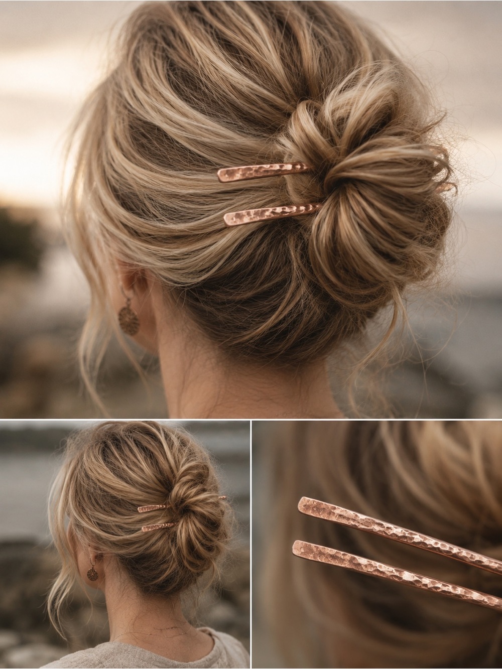 Handmade Copper Hair Sticks | Hammered Bun Pins | Rustic Hair Fork Set